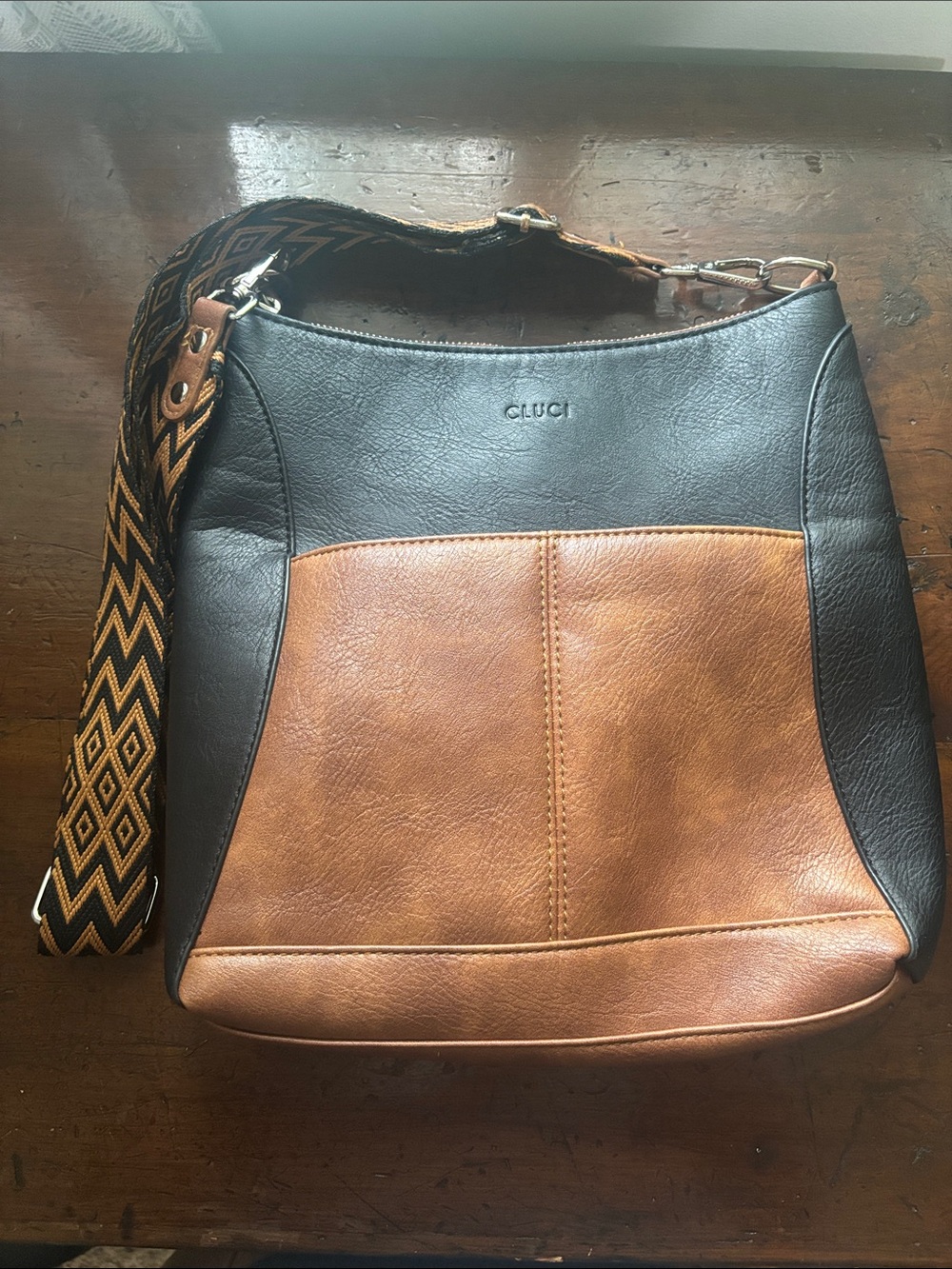 Cluci Two-Tone Black and Brown Leather Crossbody Bag with Patterned Strap